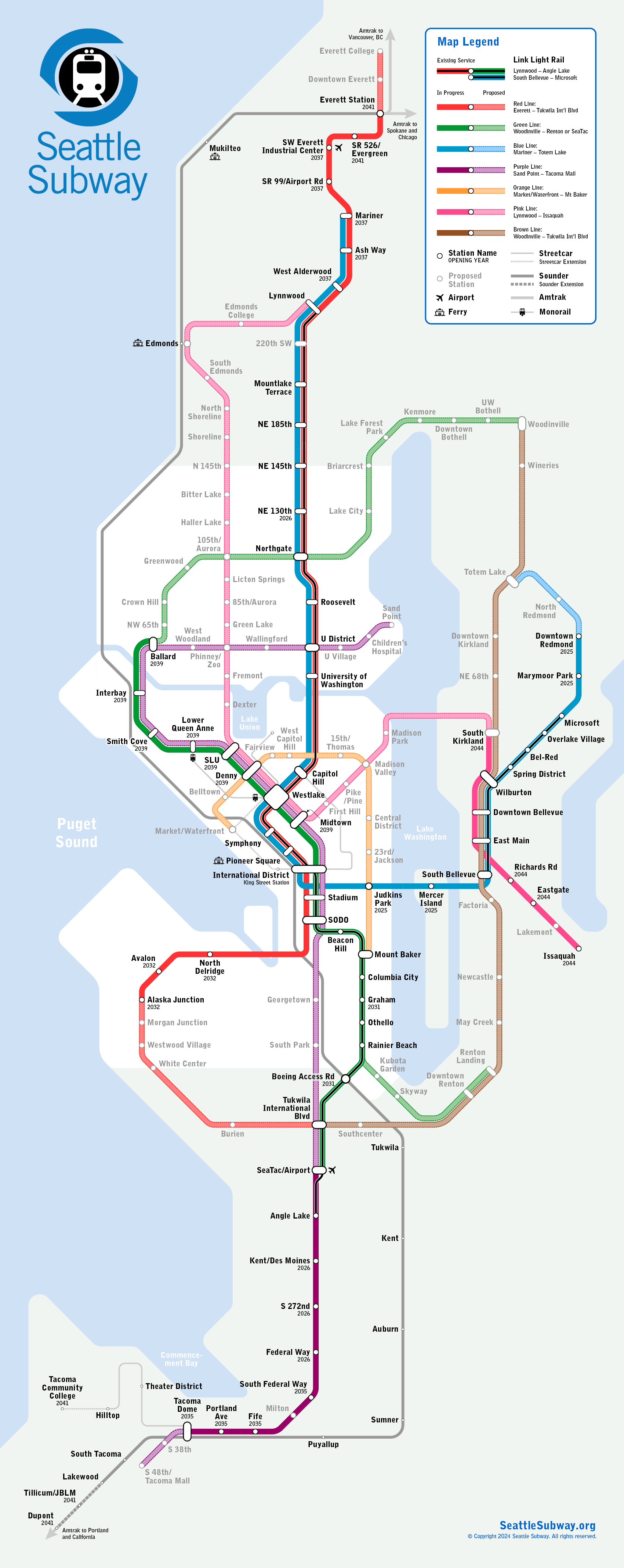 Map of the greater Seattle region showing current Link light rail lines and future desired routes.